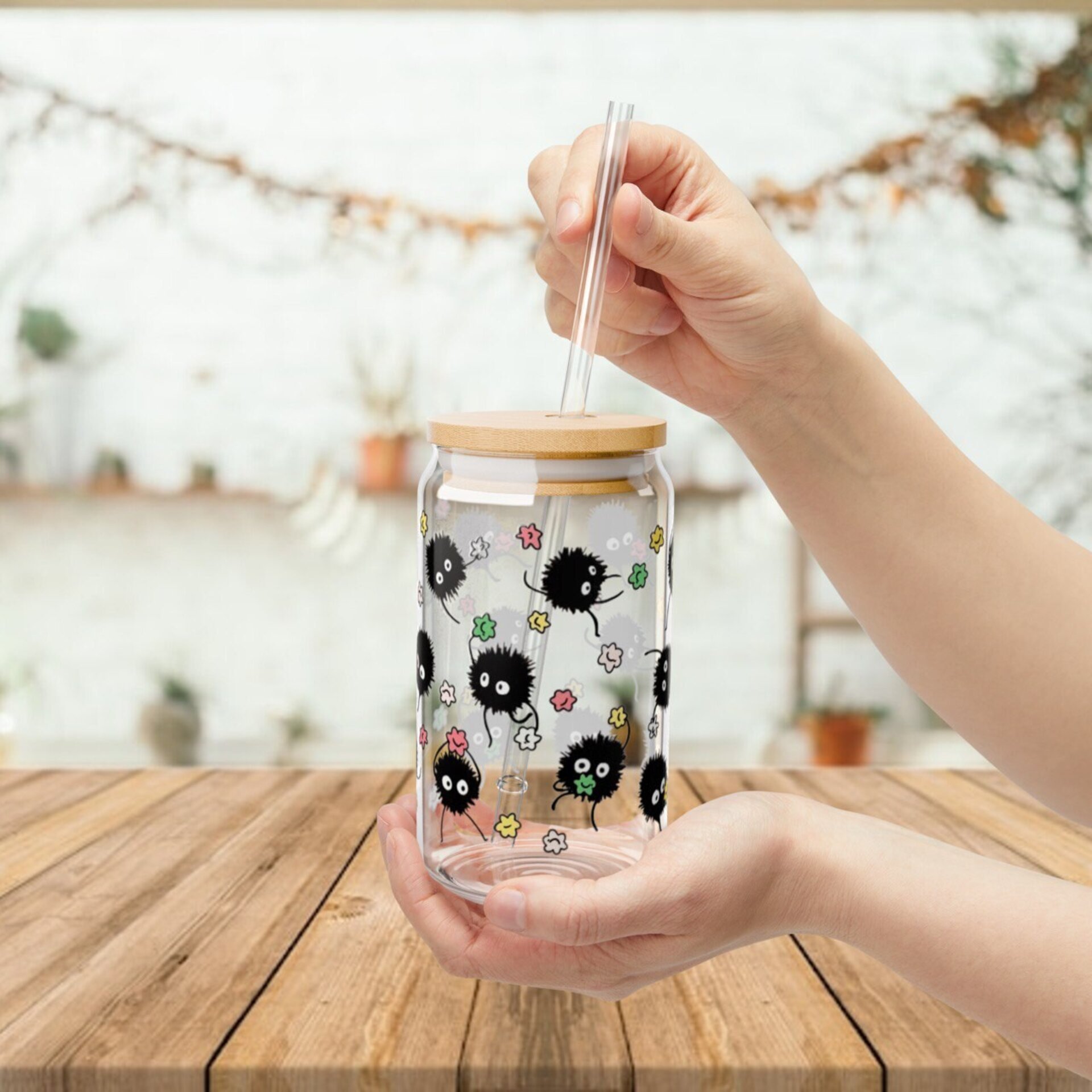 Vaso de vidrio de Studio Ghibli con Susuwataris - Tapa de bambú y pajita - 4