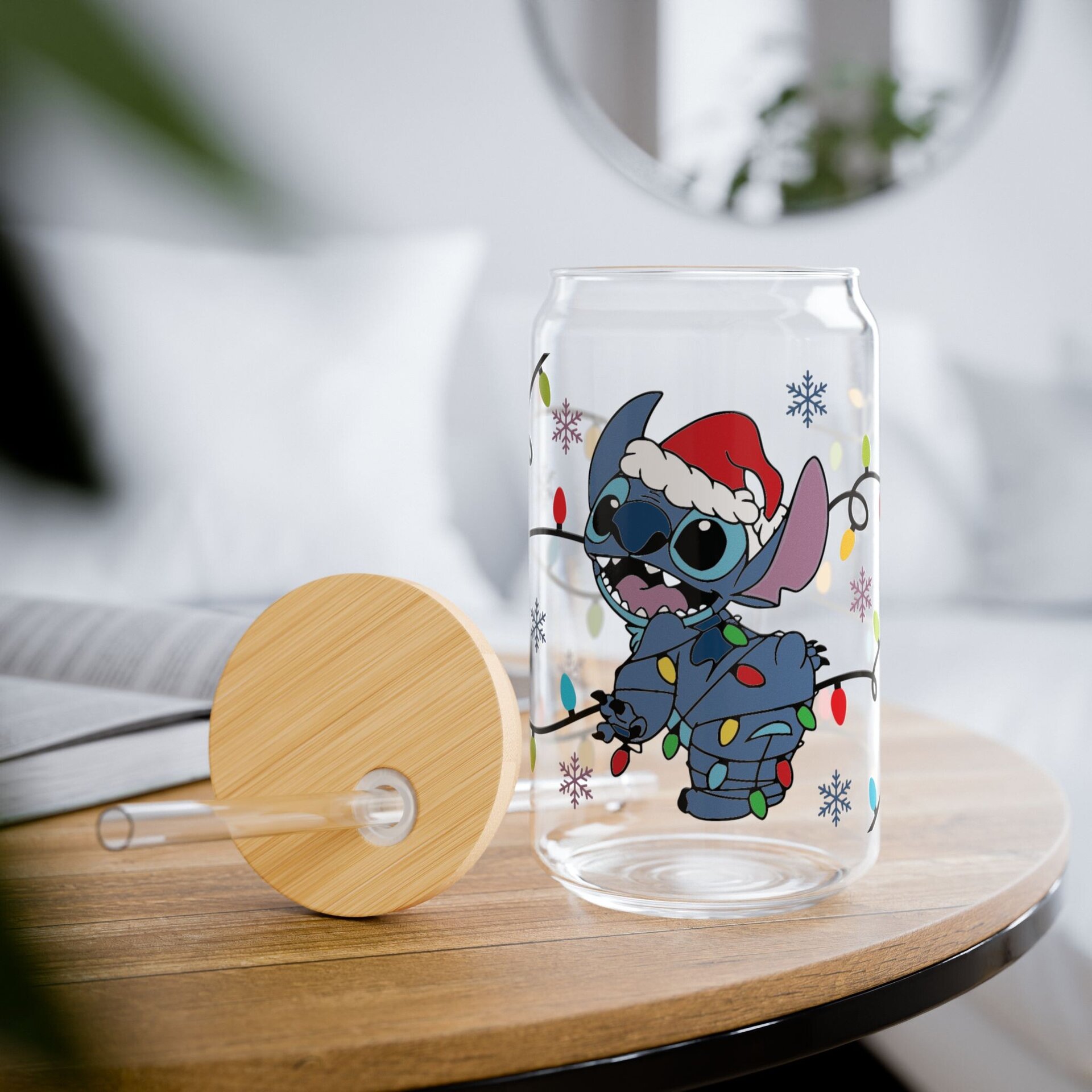Vaso de vidrio de Stitch - Tapa de bambú y pajita - 2