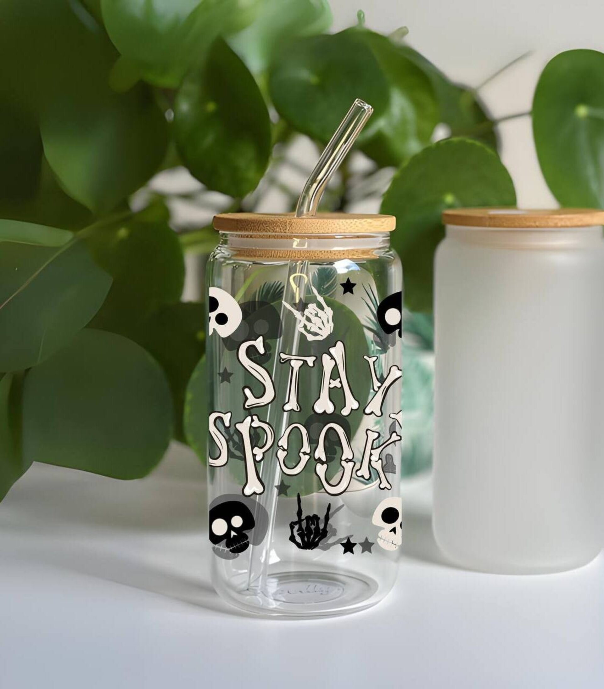 Vaso de vidrio de Halloween - Tapa de bambú y pajita - 3