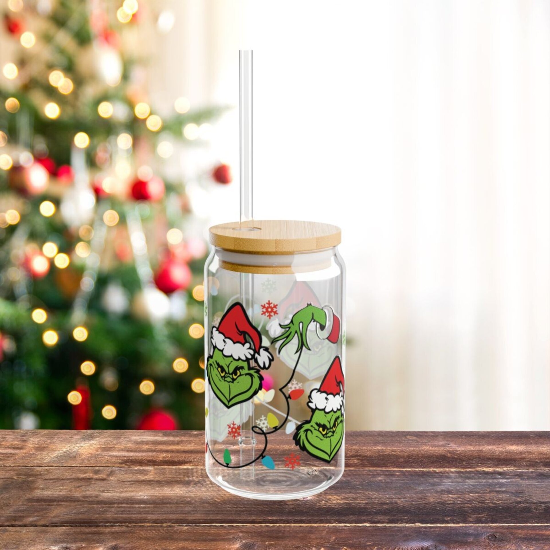 Vaso de vidrio del Grinch - Tapa de bambú y pajita - 3