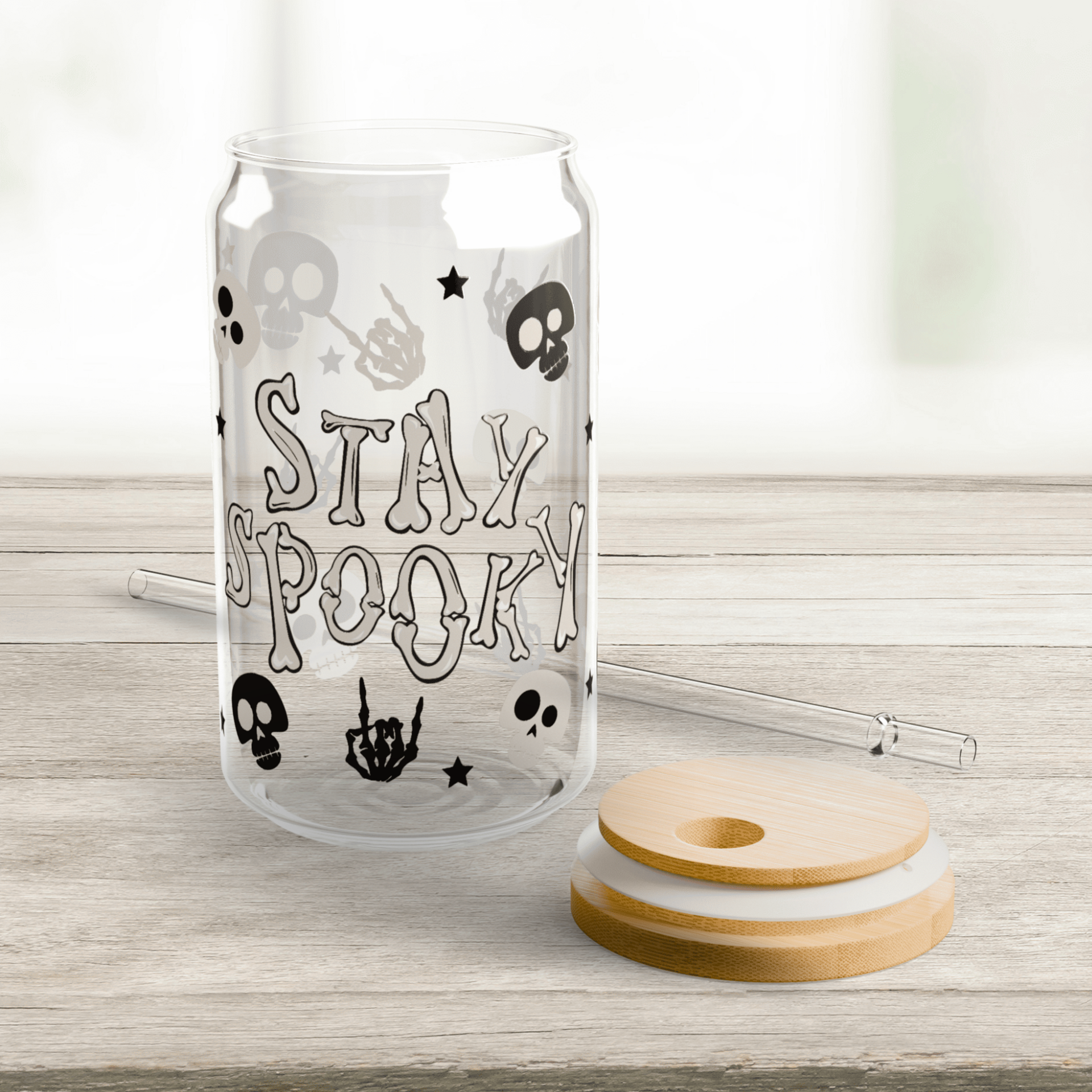 Vaso de vidrio de Halloween - Tapa de bambú y pajita - 2