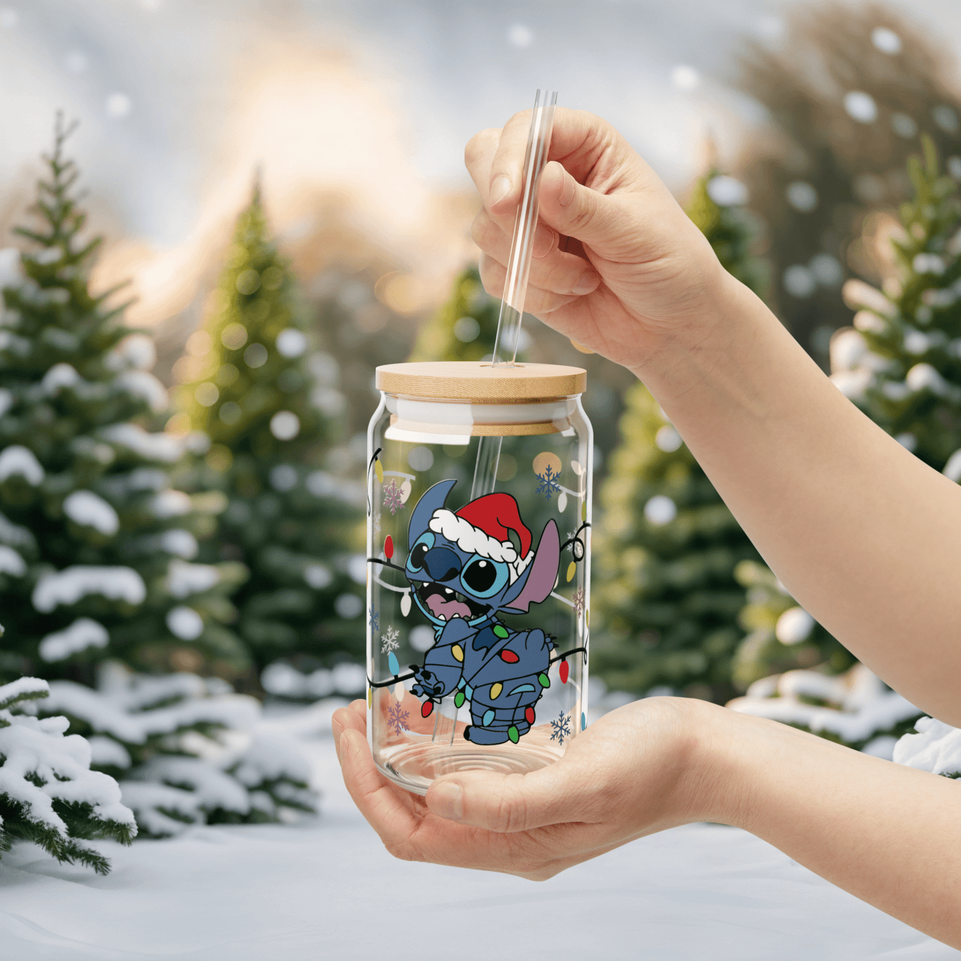 Vaso de vidrio de Stitch - Tapa de bambú y pajita - 3