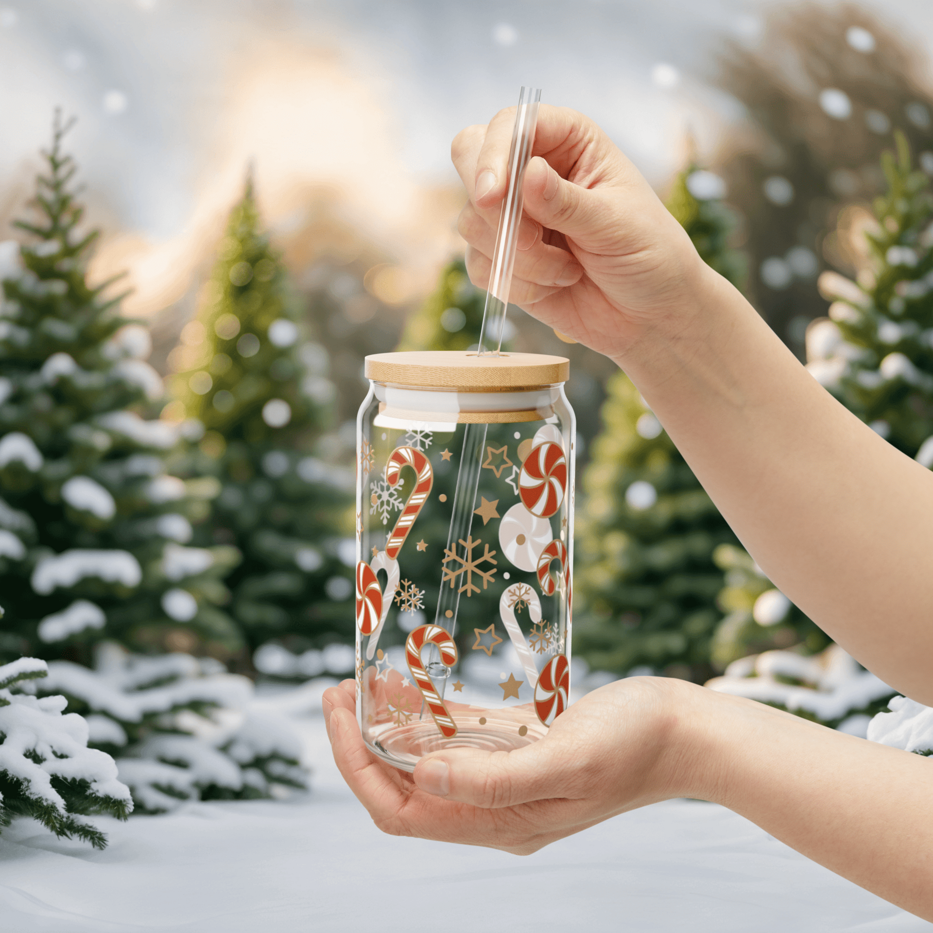 Vaso de vidrio navideño - Tapa de bambú y pajita - 3