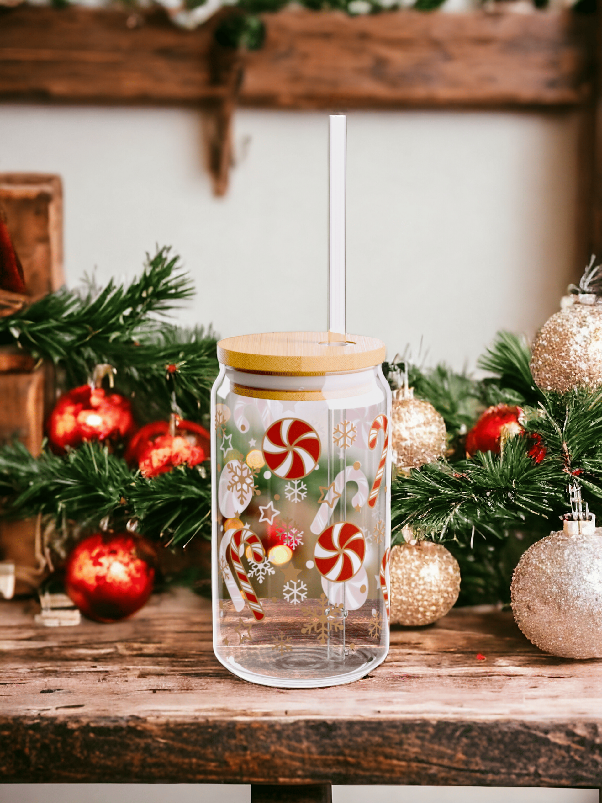 Vaso de vidrio navideño - Tapa de bambú y pajita - 4
