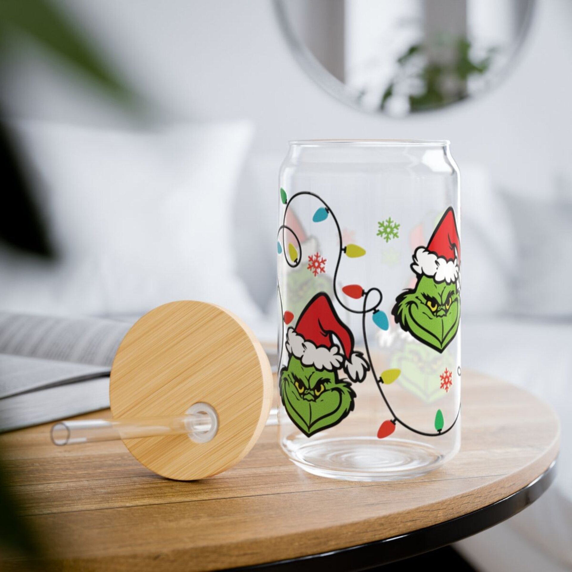 Vaso de vidrio del Grinch - Tapa de bambú y pajita - 2