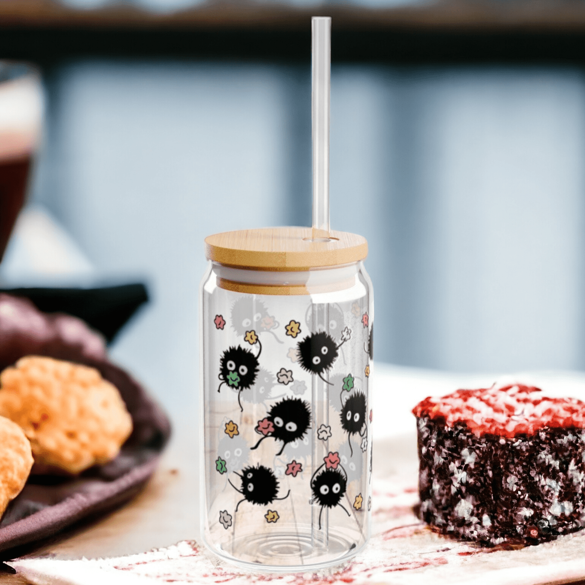 Vaso de vidrio de Studio Ghibli con Susuwataris - Tapa de bambú y pajita - 3