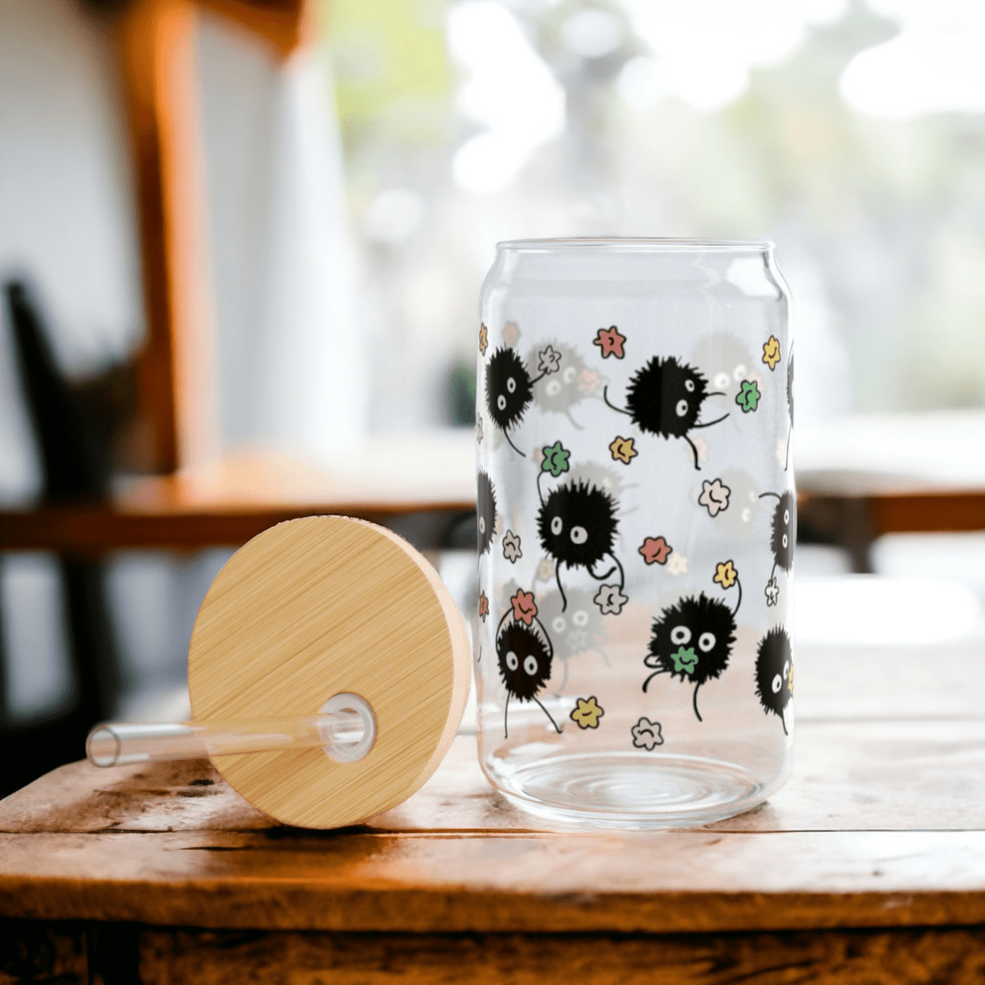 Vaso de vidrio de Studio Ghibli con Susuwataris - Tapa de bambú y pajita - 2