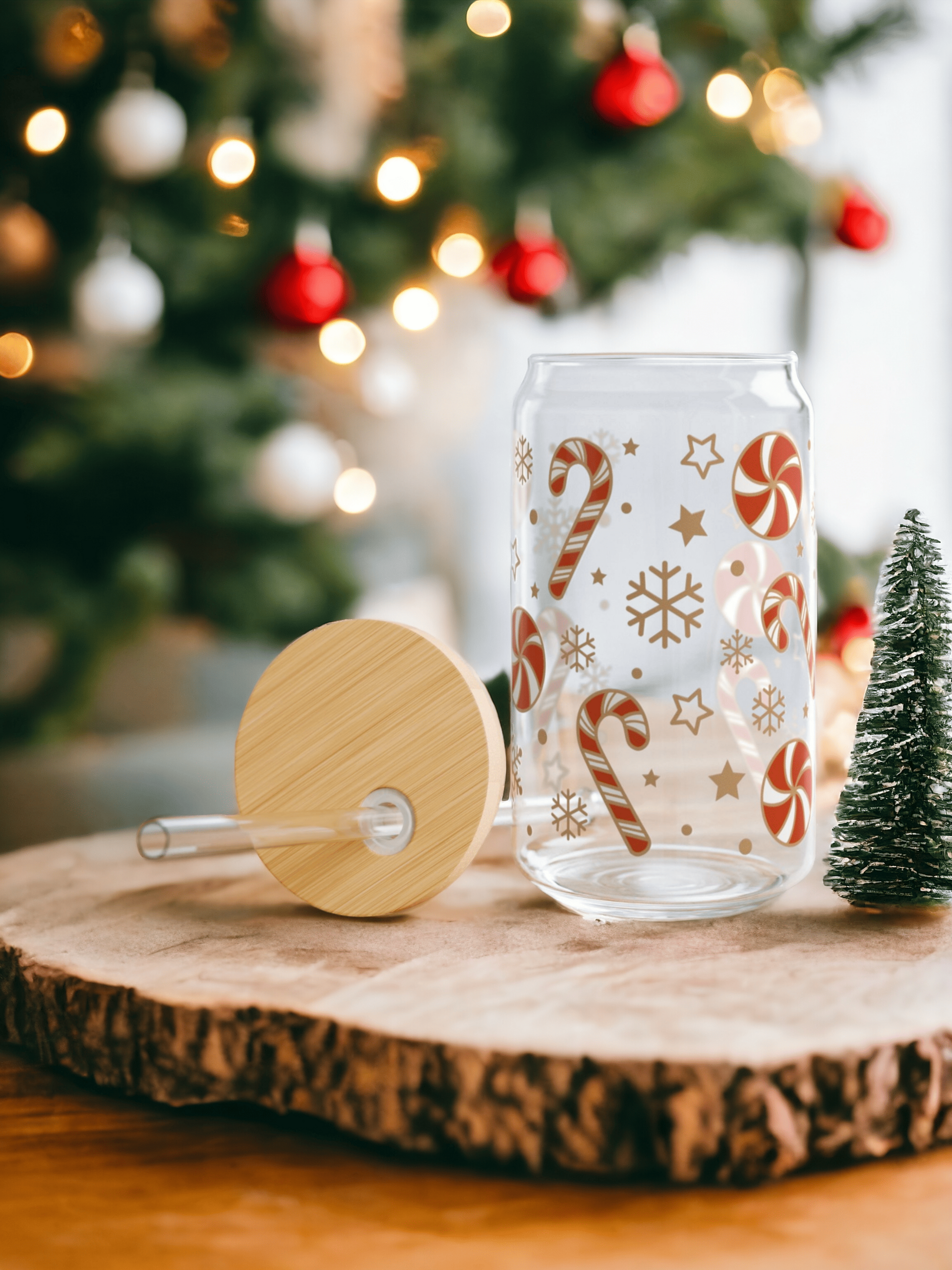 Vaso de vidrio navideño - Tapa de bambú y pajita - 2