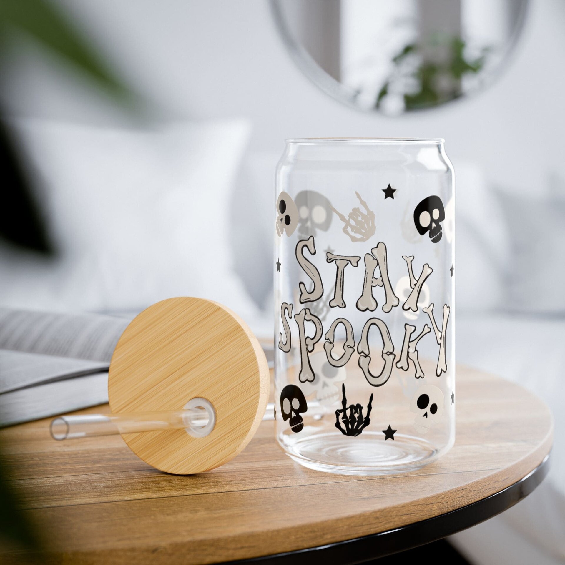 Vaso de vidrio de Halloween - Tapa de bambú y pajita - 1